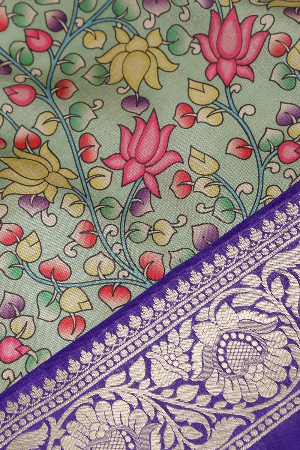 Green Kalamkari Tussar Silk Digital Print Fabric With Banarasi Border - Luxurion World