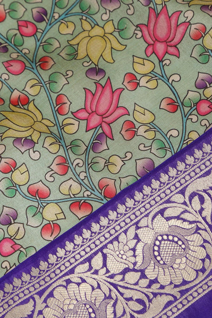 Green Kalamkari Tussar Silk Digital Print Fabric With Banarasi Border