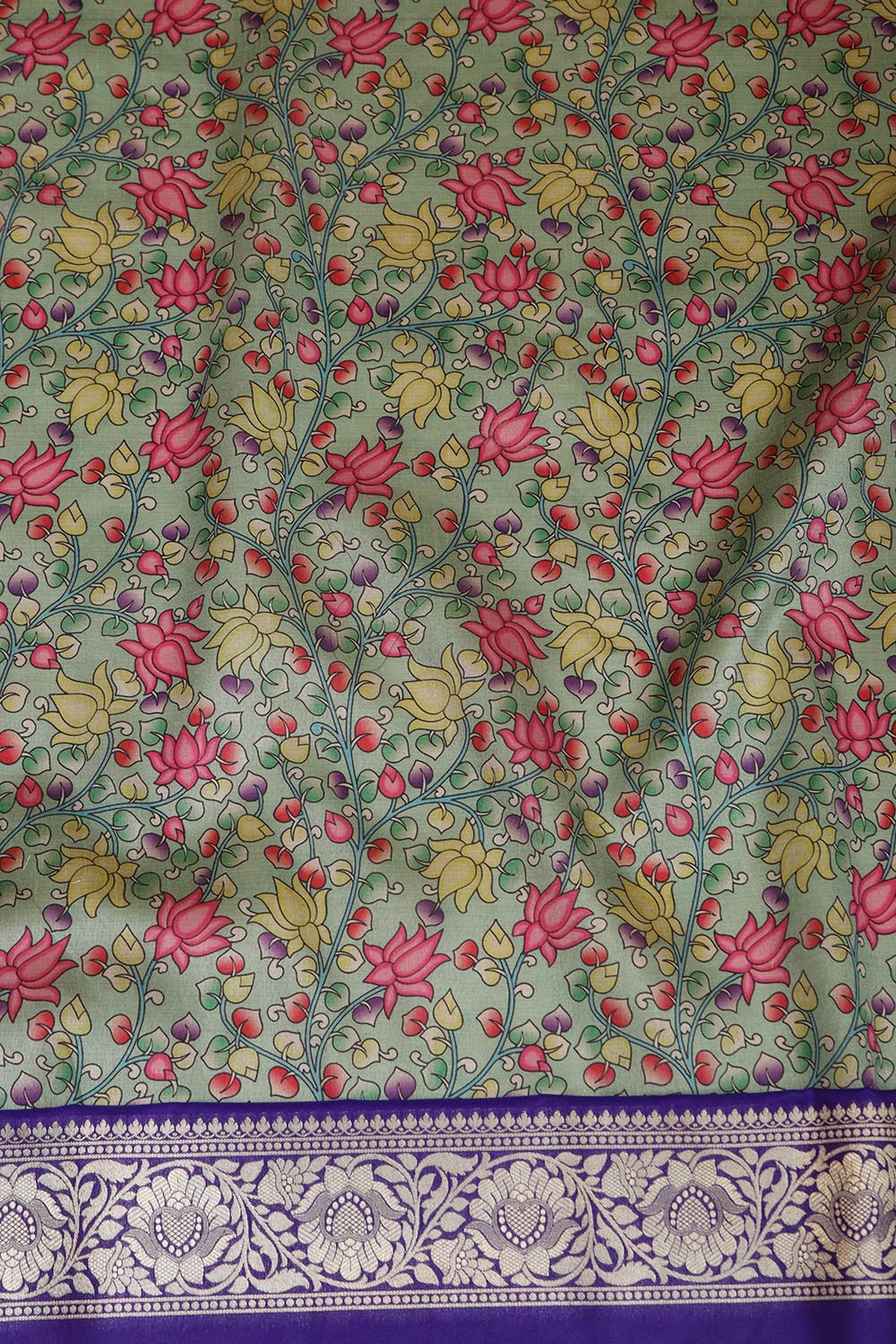 Green Kalamkari Tussar Silk Digital Print Fabric With Banarasi Border