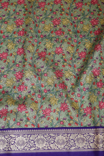 Green Kalamkari Tussar Silk Digital Print Fabric With Banarasi Border