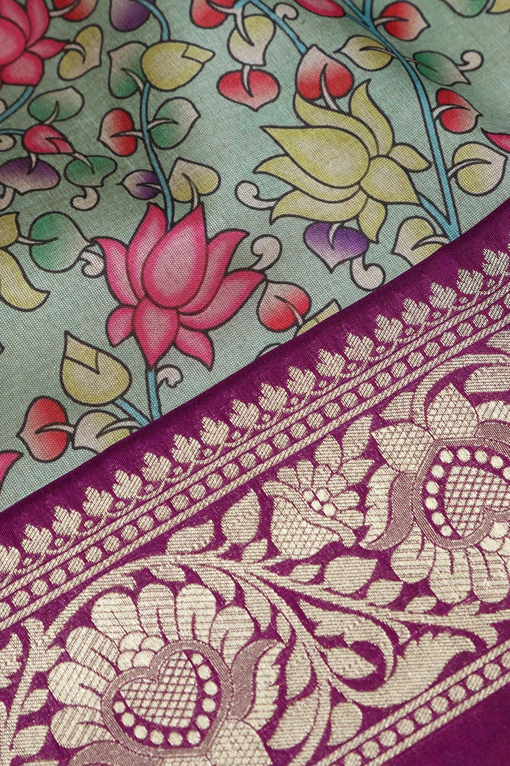 Green Kalamkari Tussar Silk Digital Print Fabric With Banarasi Border - Luxurion World