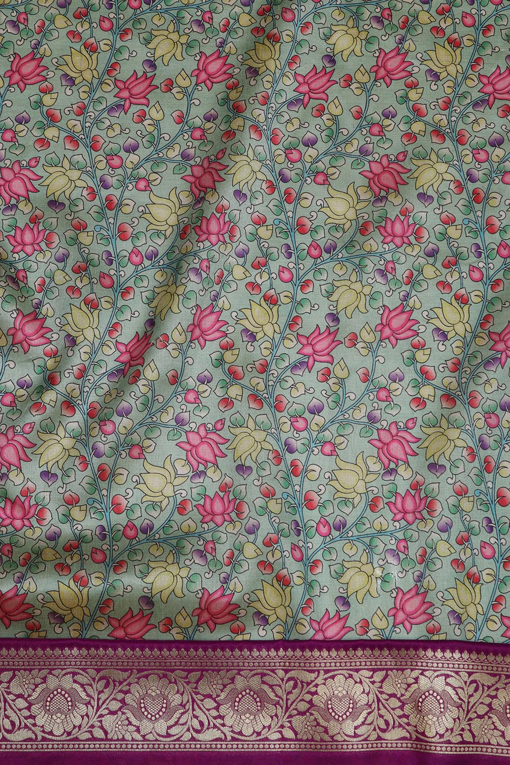 Green Kalamkari Tussar Silk Digital Print Fabric With Banarasi Border - Luxurion World