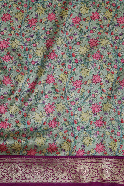 Green Kalamkari Tussar Silk Digital Print Fabric With Banarasi Border