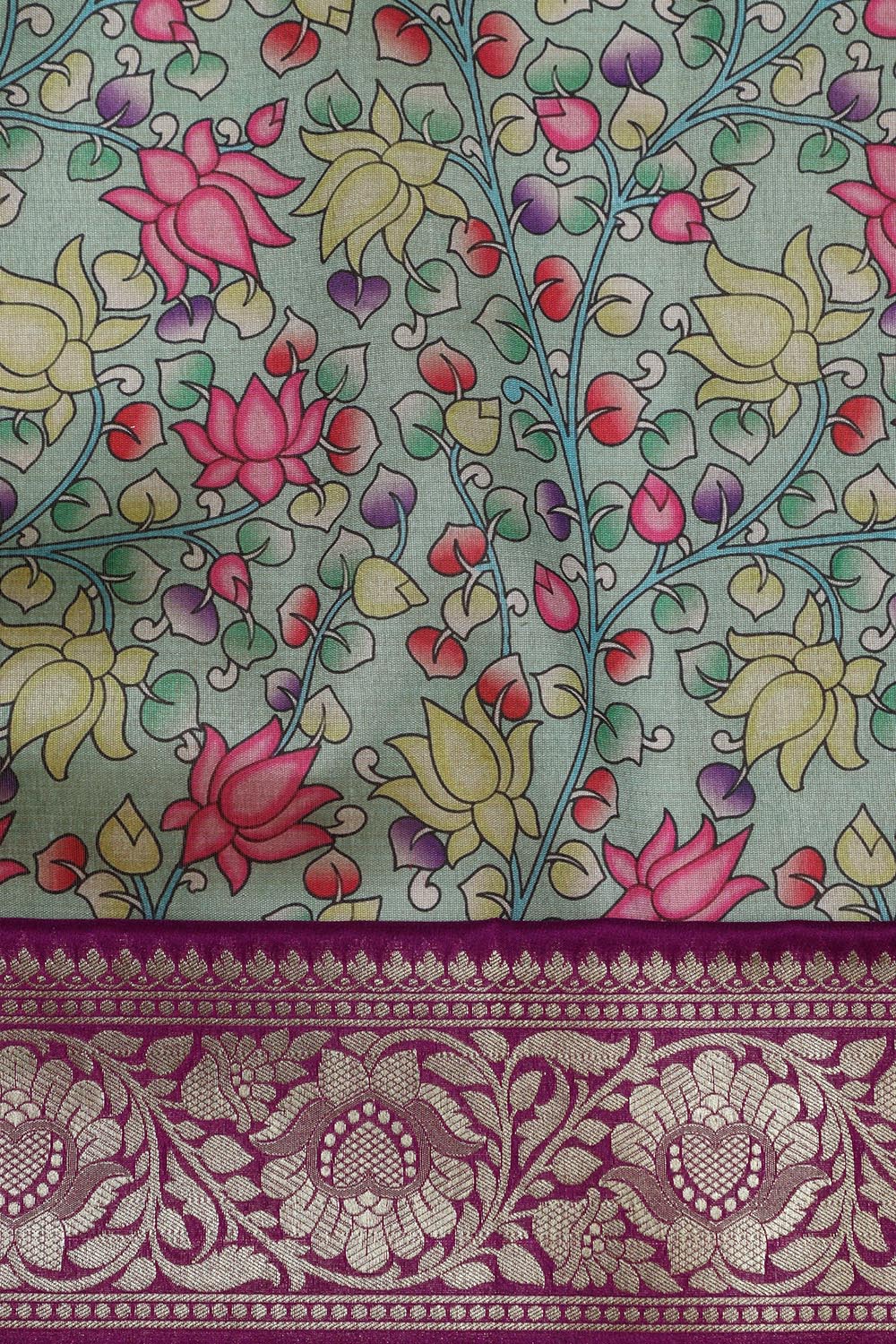 Green Kalamkari Tussar Silk Digital Print Fabric With Banarasi Border - Luxurion World