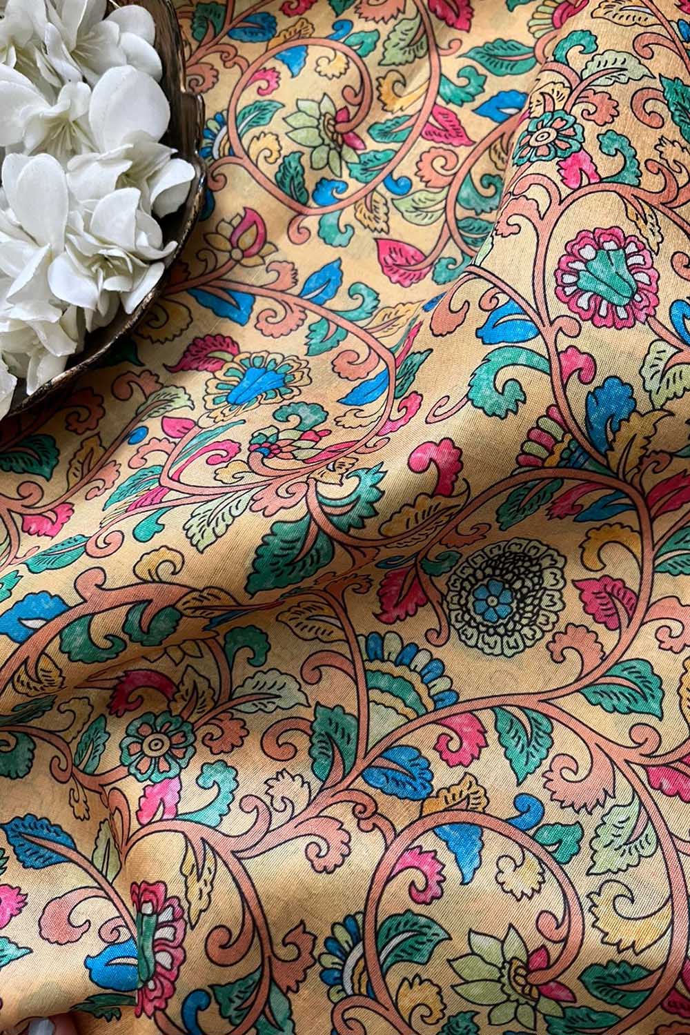 Yellow Kalamkari Tussar Silk Fabric - Digital Print (1 Mtr) - Luxurion World