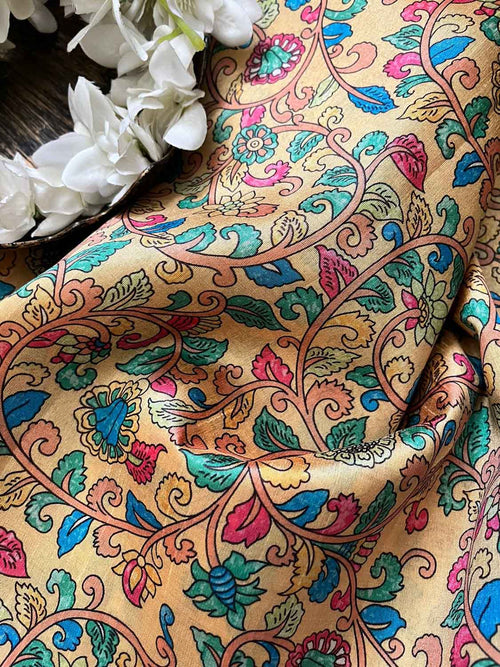 Yellow Kalamkari Tussar Silk Fabric - Digital Print (1 Mtr) - Luxurion World