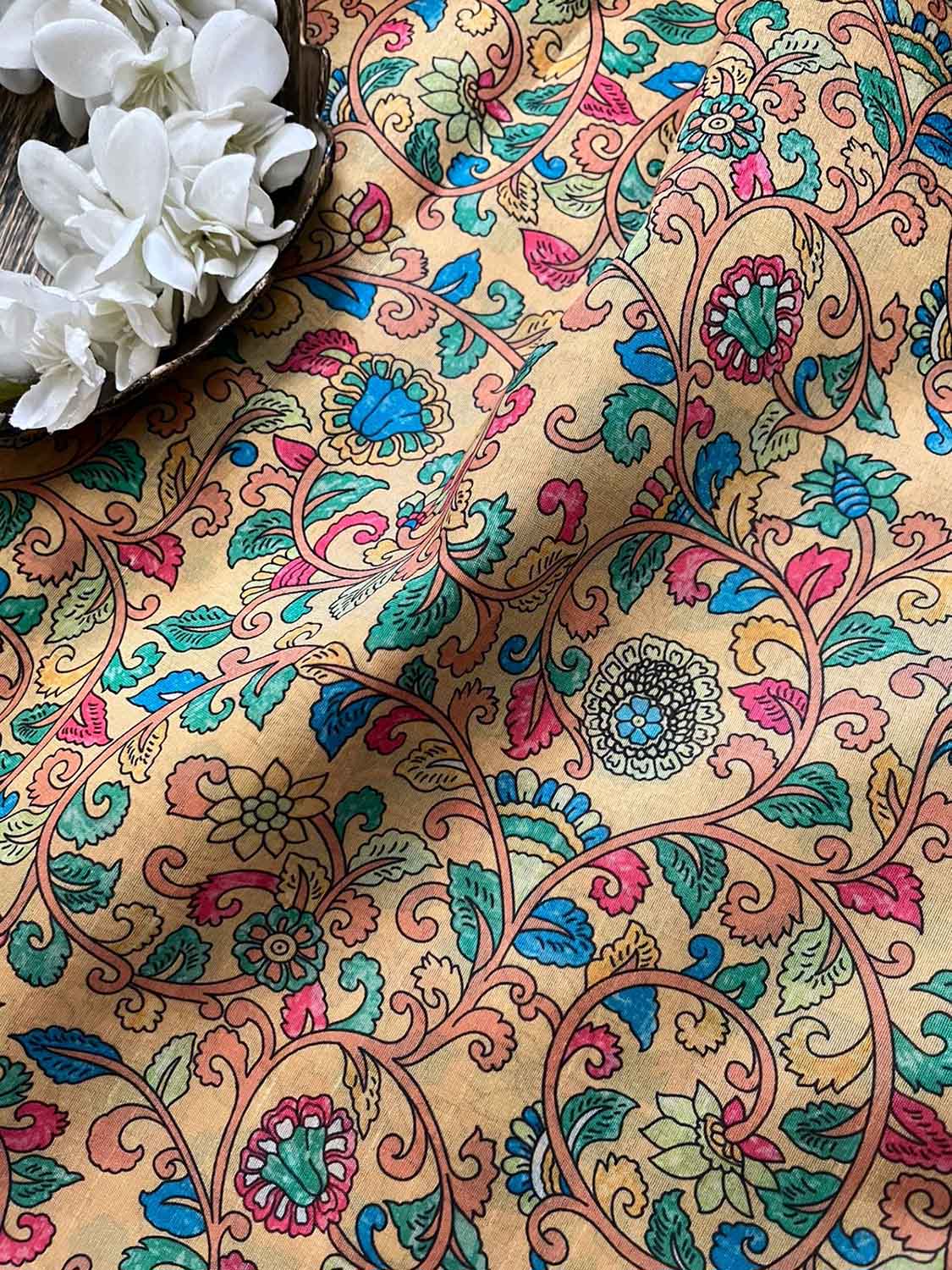 Yellow Kalamkari Tussar Silk Fabric - Digital Print (1 Mtr) - Luxurion World