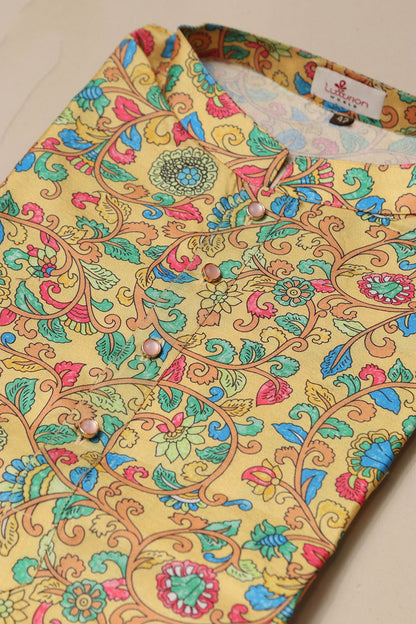 Yellow Kalamkari Digital Printed Tussar Silk Kurta - Luxurion World