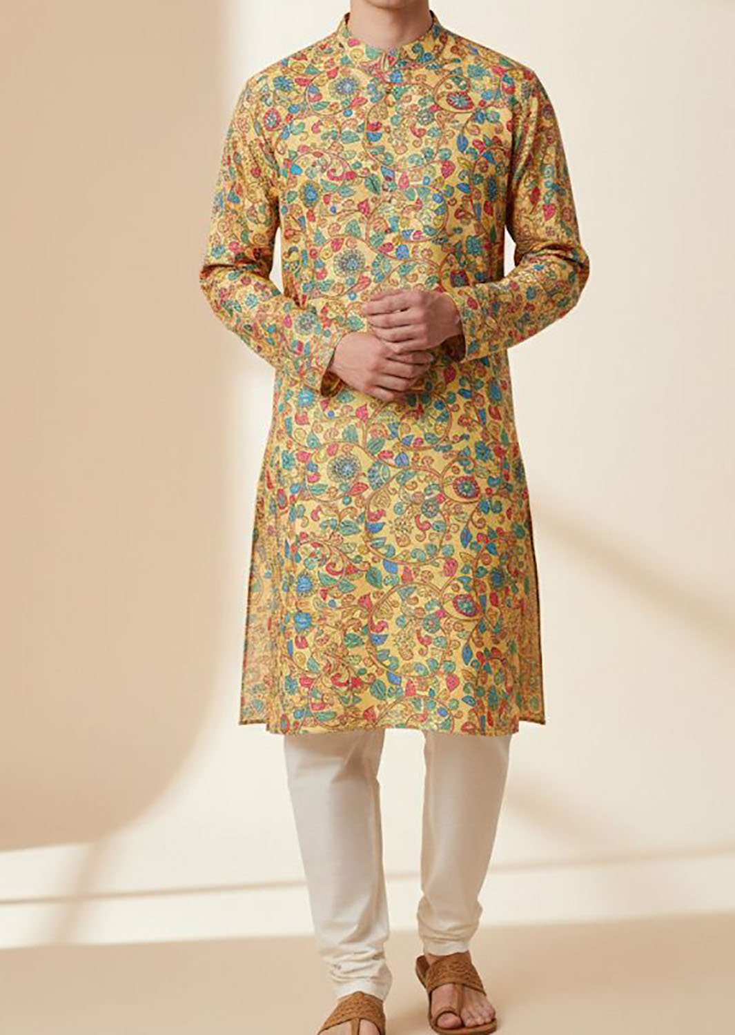 Yellow Kalamkari Digital Printed Tussar Silk Kurta - Luxurion World