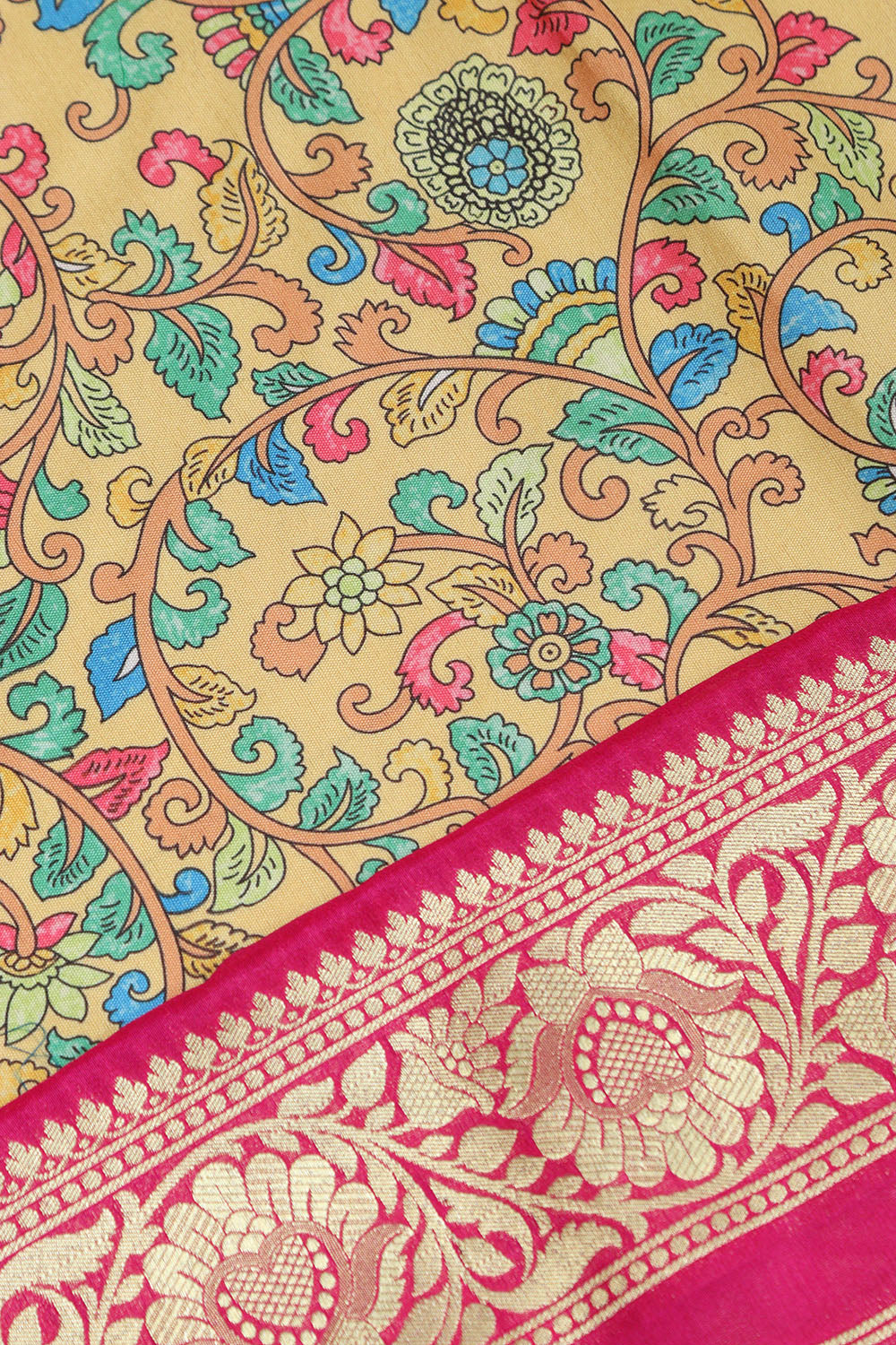 Yellow Kalamkari Tussar Silk Digital Print Fabric With Banarasi Border - Luxurion World