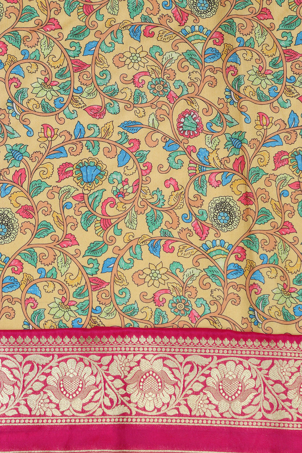 Yellow Kalamkari Tussar Silk Digital Print Fabric With Banarasi Border