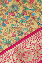 Yellow Kalamkari Tussar Silk Digital Print Fabric With Banarasi Border - Luxurion World