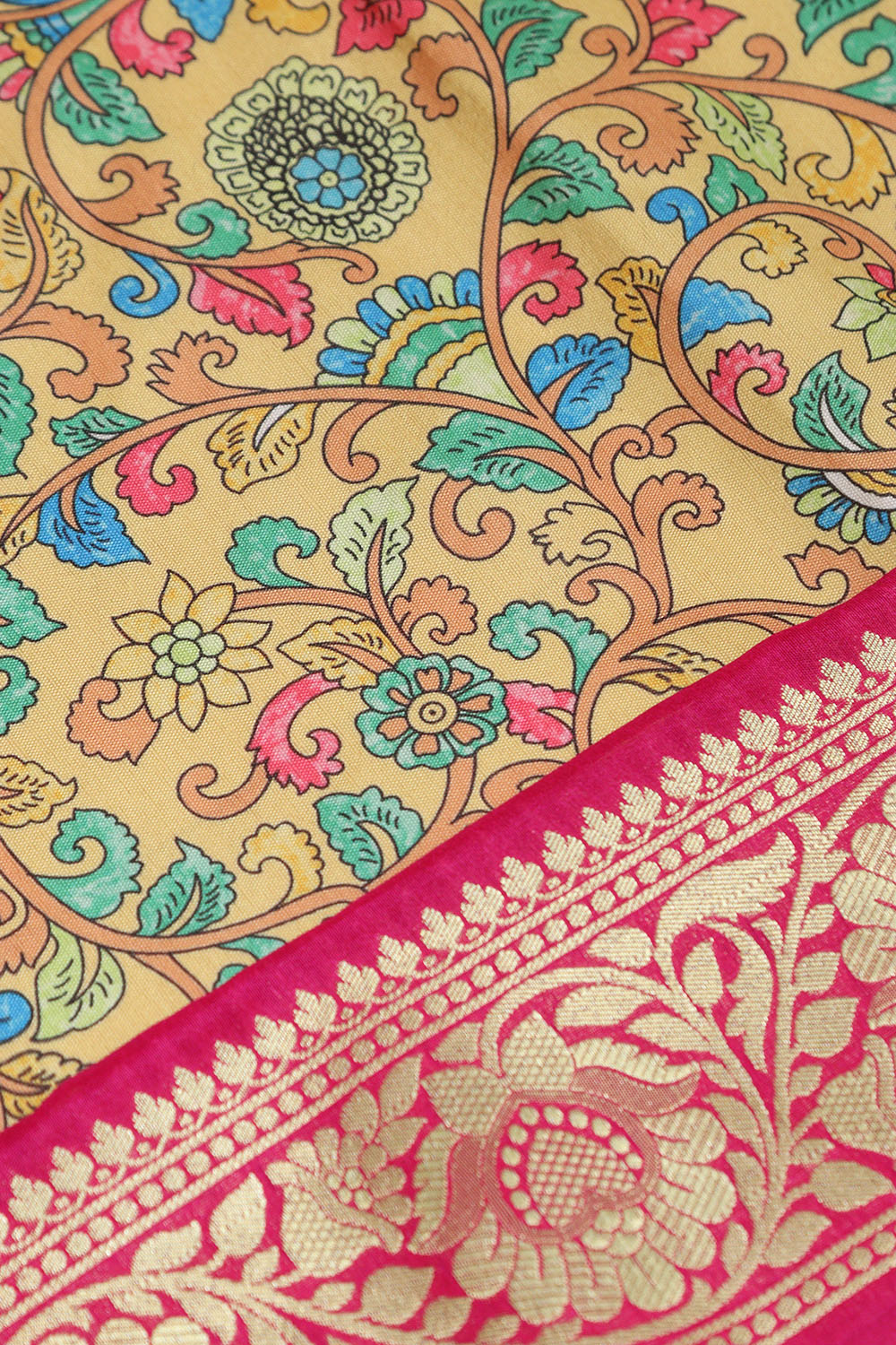 Yellow Kalamkari Tussar Silk Digital Print Fabric With Banarasi Border