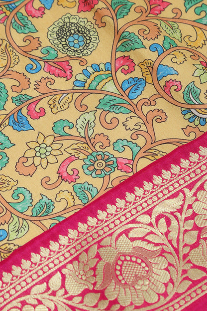 Yellow Kalamkari Tussar Silk Digital Print Fabric With Banarasi Border