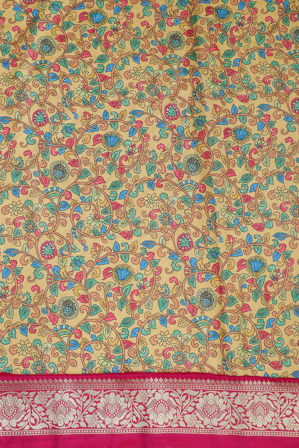 Yellow Kalamkari Tussar Silk Digital Print Fabric With Banarasi Border