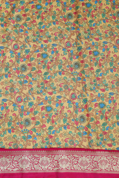 Yellow Kalamkari Tussar Silk Digital Print Fabric With Banarasi Border