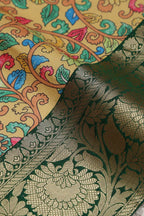 Yellow Kalamkari Tussar Silk Digital Print Fabric With Banarasi Border - Luxurion World