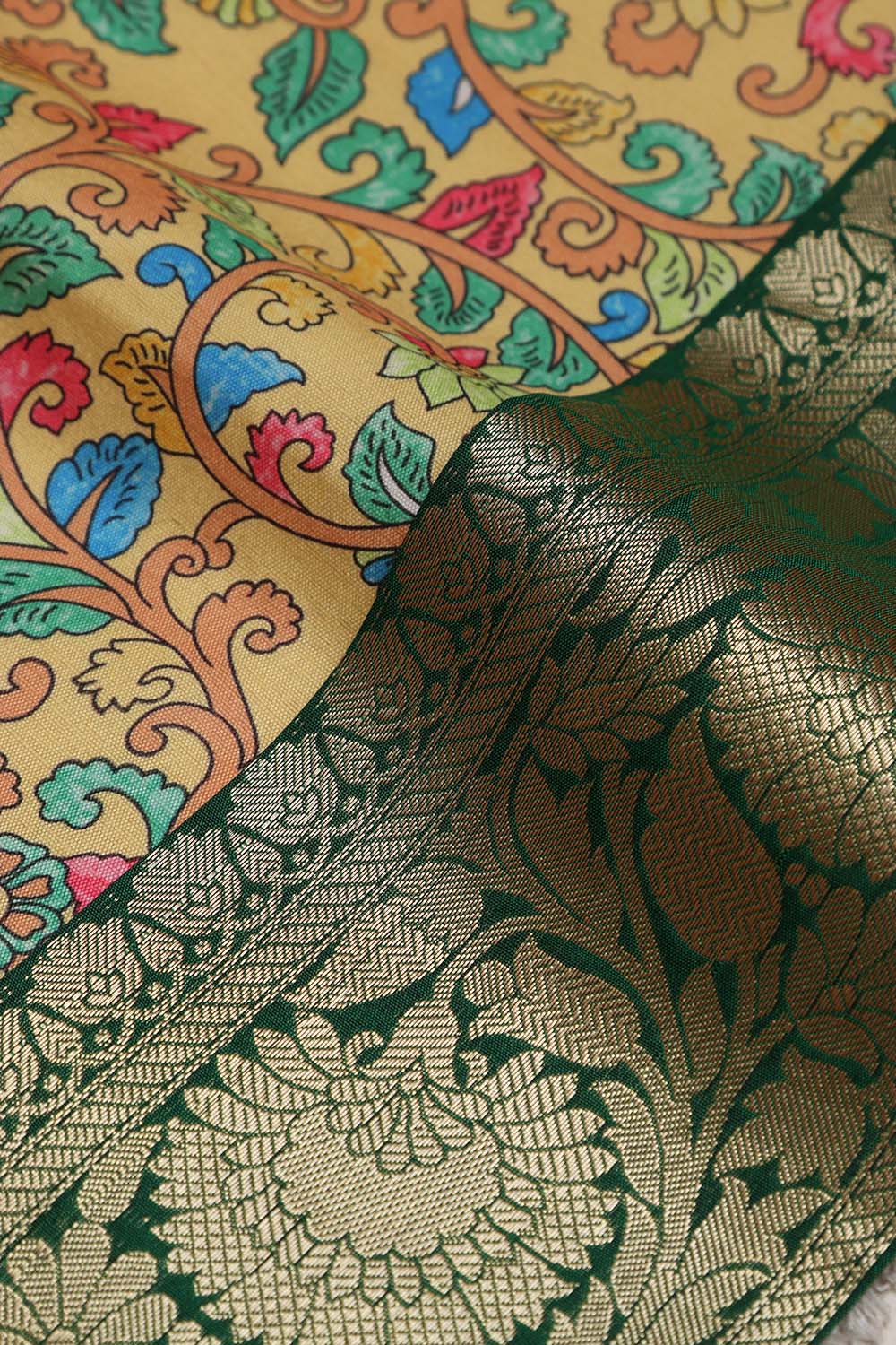 Yellow Kalamkari Tussar Silk Digital Print Fabric With Banarasi Border - Luxurion World