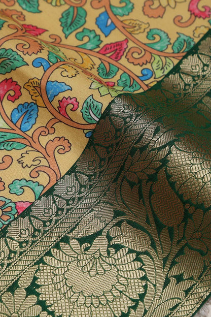 Yellow Kalamkari Tussar Silk Digital Print Fabric With Banarasi Border