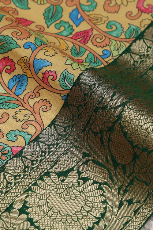 Yellow Kalamkari Tussar Silk Digital Print Fabric With Banarasi Border - Luxurion World