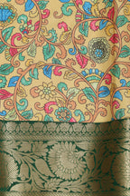 Yellow Kalamkari Tussar Silk Digital Print Fabric With Banarasi Border - Luxurion World