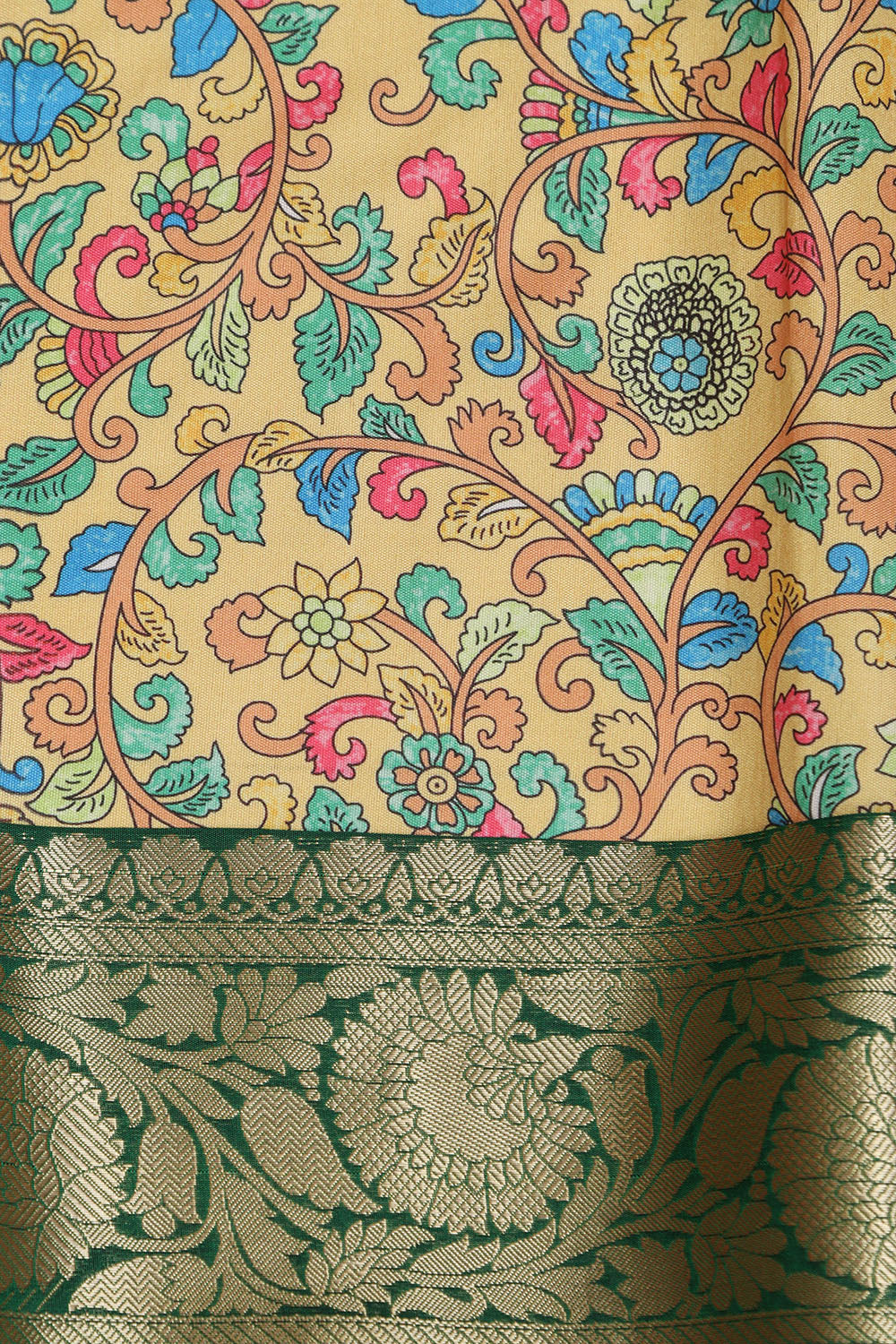 Yellow Kalamkari Tussar Silk Digital Print Fabric With Banarasi Border