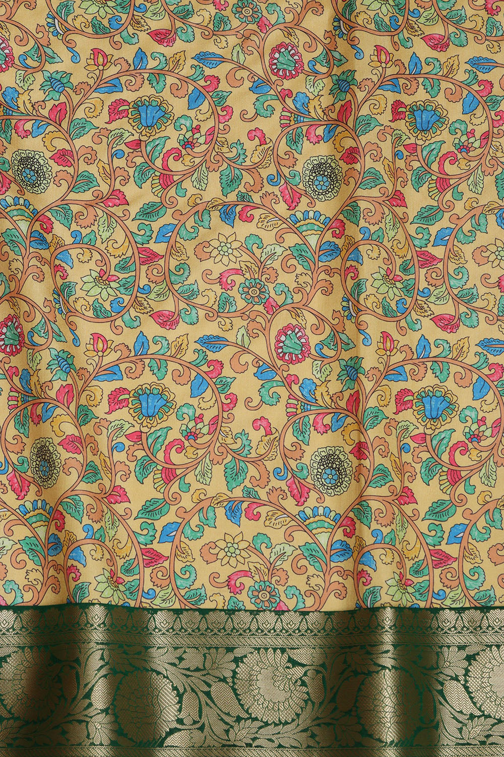 Yellow Kalamkari Tussar Silk Digital Print Fabric With Banarasi Border - Luxurion World