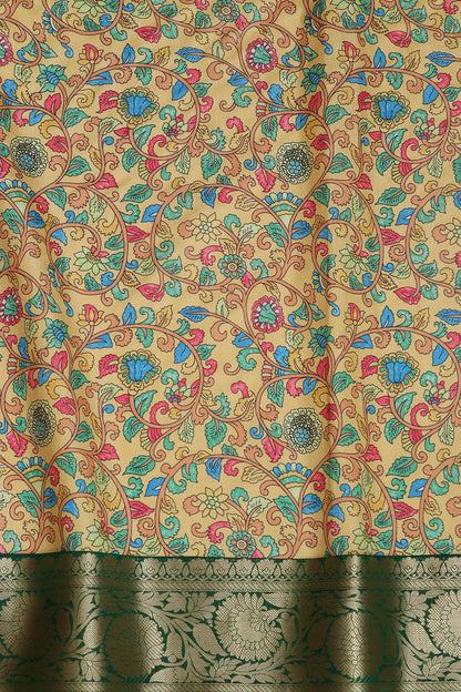 Yellow Kalamkari Tussar Silk Digital Print Fabric With Banarasi Border