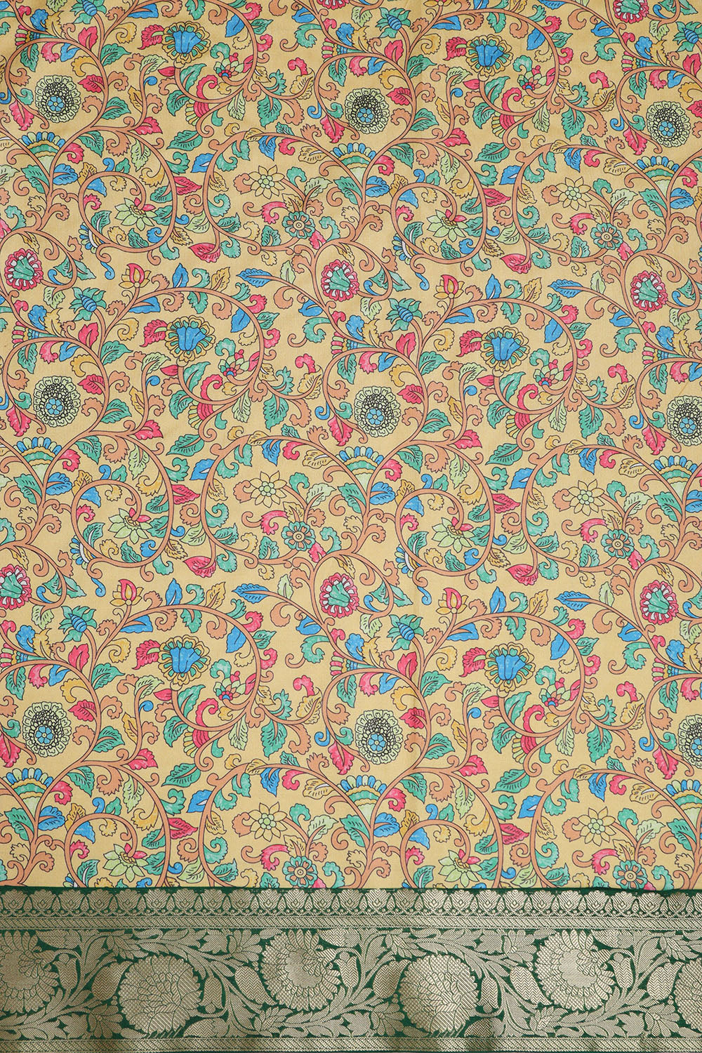 Yellow Kalamkari Tussar Silk Digital Print Fabric With Banarasi Border