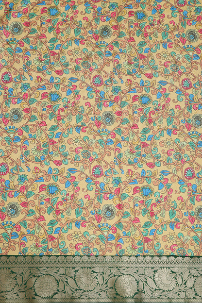 Yellow Kalamkari Tussar Silk Digital Print Fabric With Banarasi Border