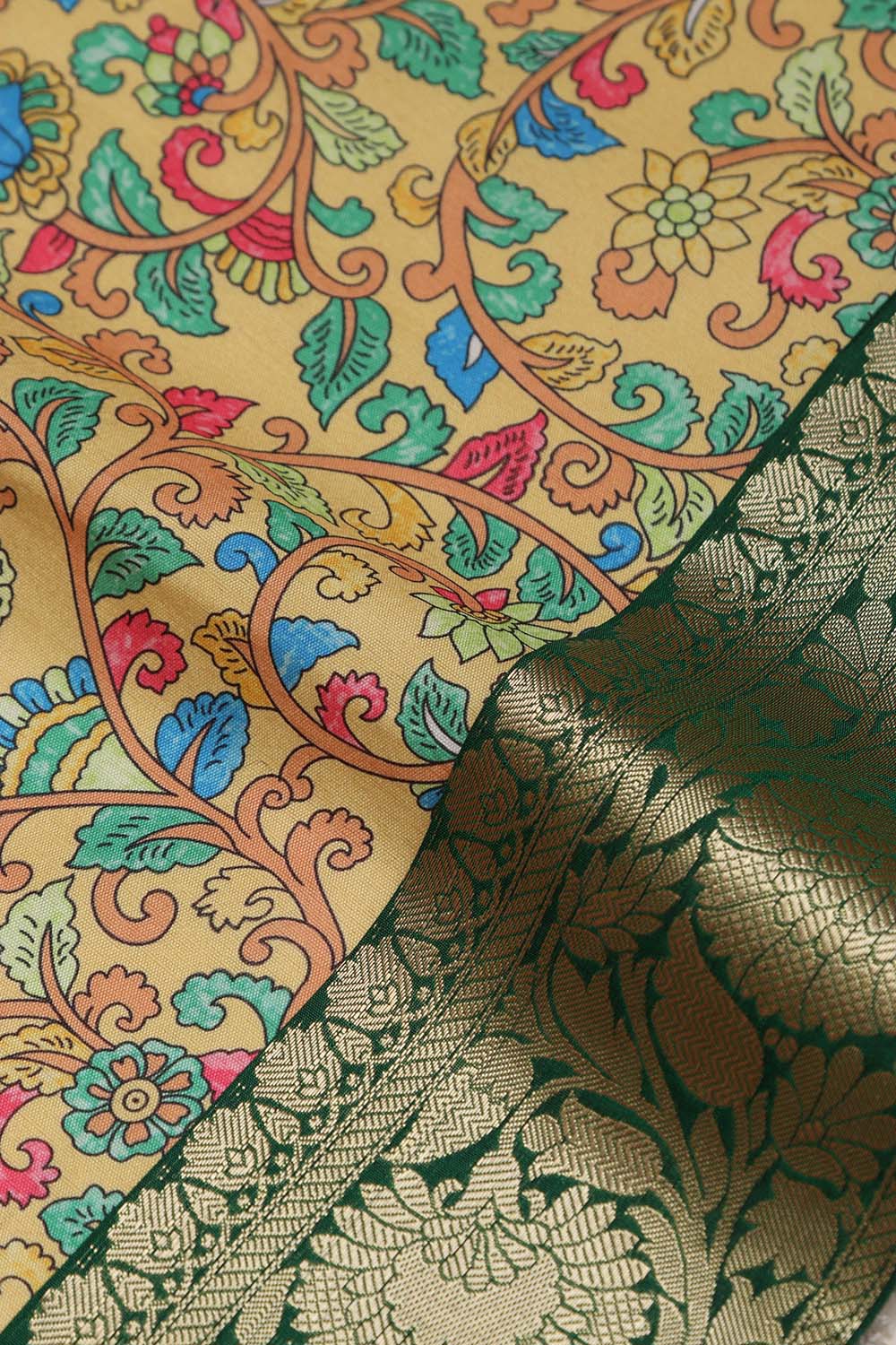 Yellow Kalamkari Tussar Silk Digital Print Fabric With Banarasi Border