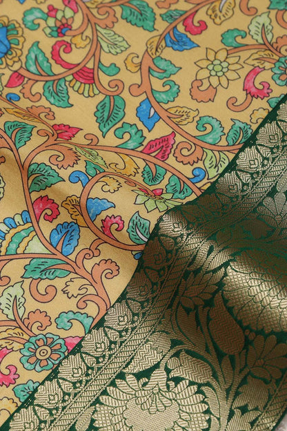 Yellow Kalamkari Tussar Silk Digital Print Fabric With Banarasi Border