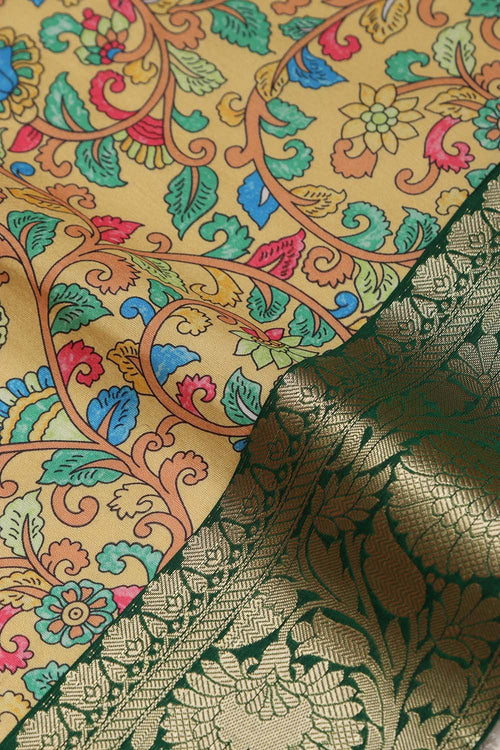 Yellow Kalamkari Tussar Silk Digital Print Fabric With Banarasi Border - Luxurion World