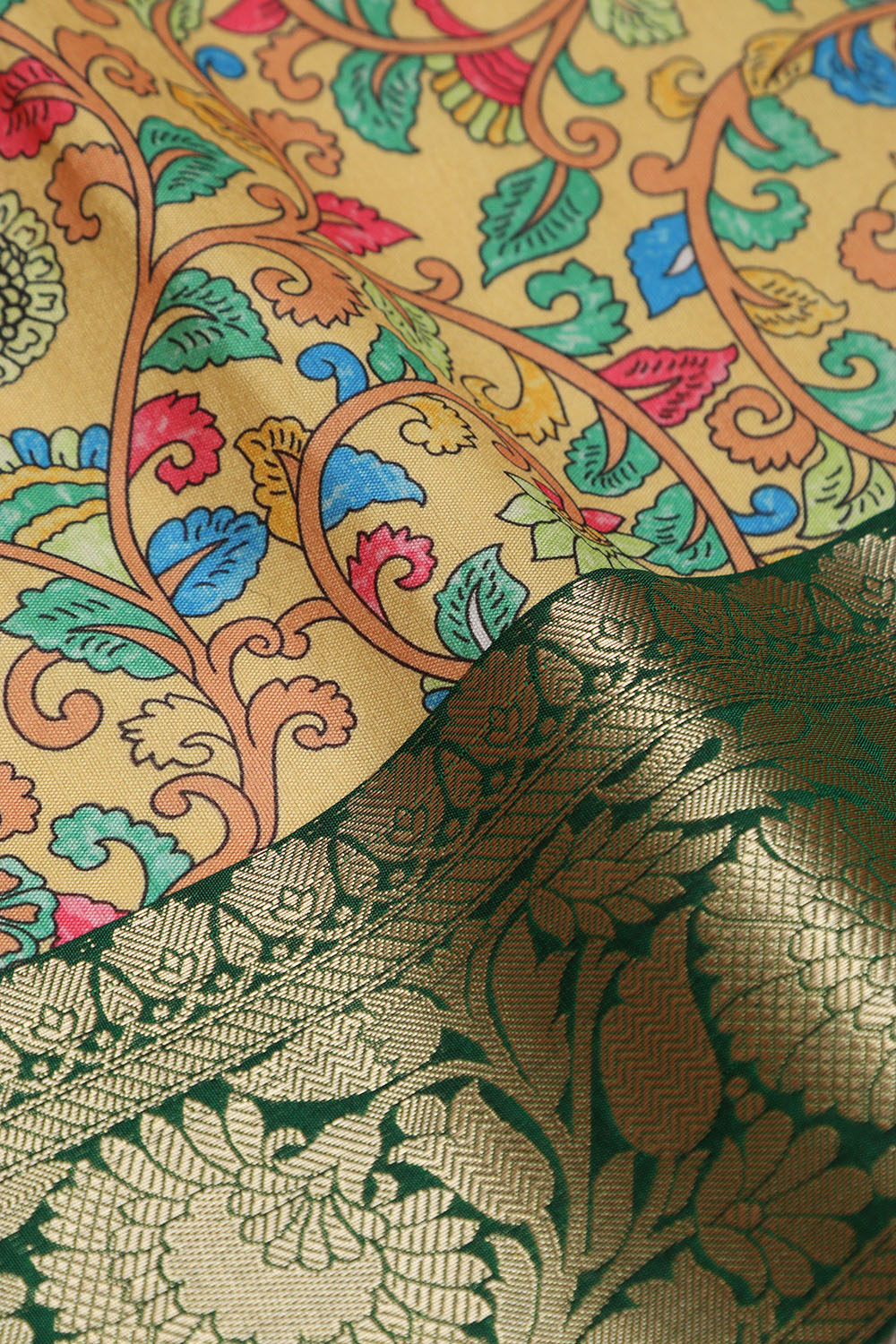 Yellow Kalamkari Tussar Silk Digital Print Fabric With Banarasi Border