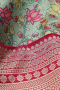 Green Kalamkari Digital Printed Tussar Silk Fabric With Banarasi Border - Luxurion World