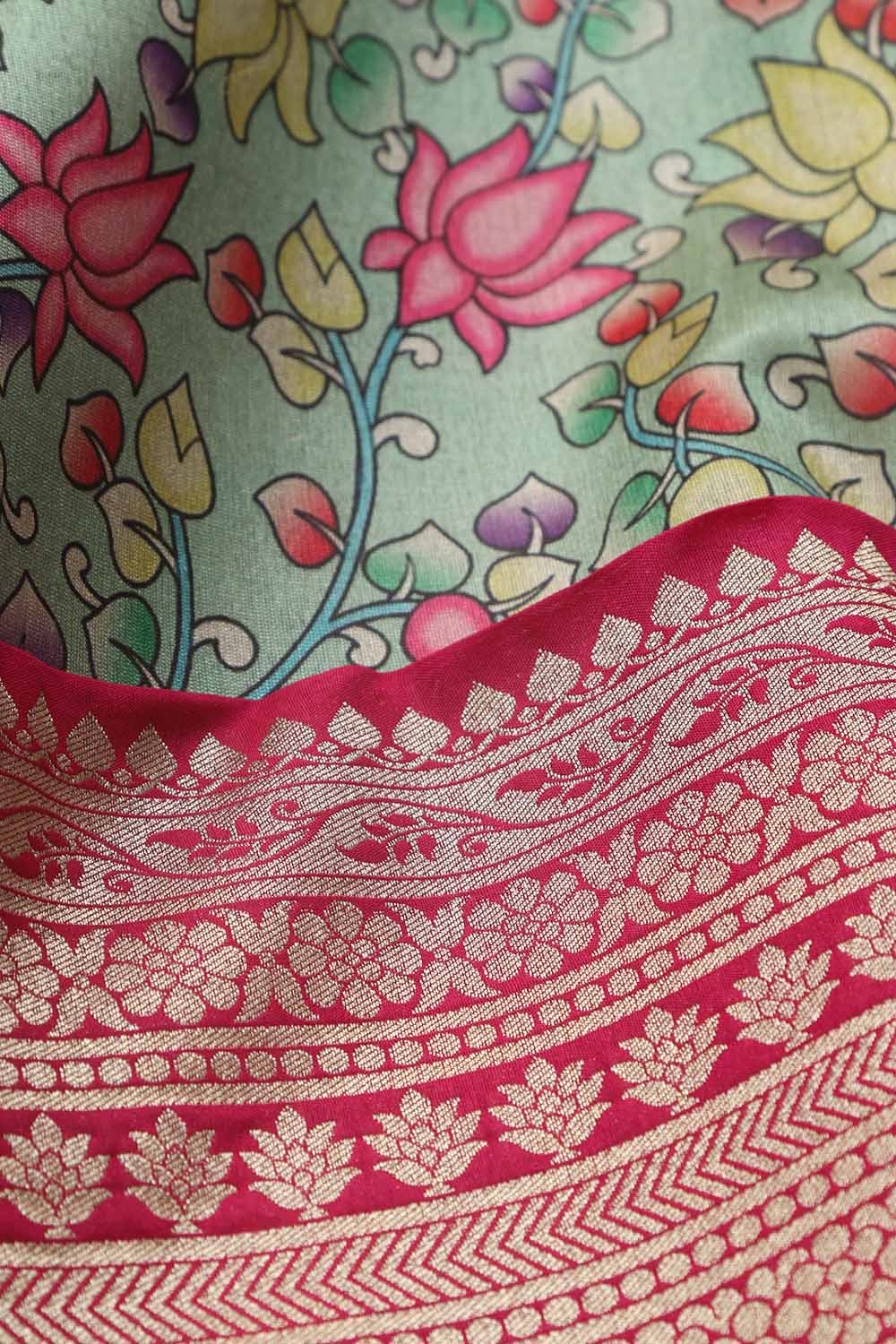 Green Kalamkari Digital Printed Tussar Silk Fabric With Banarasi Border (1 Mtr) - Luxurion World