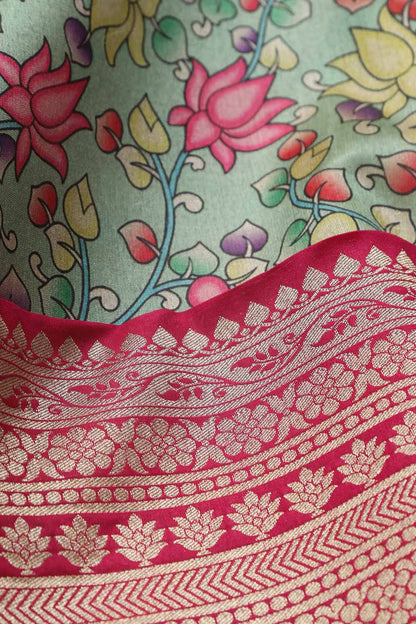 Green Kalamkari Digital Printed Tussar Silk Fabric With Banarasi Border (1 Mtr) - Luxurion World