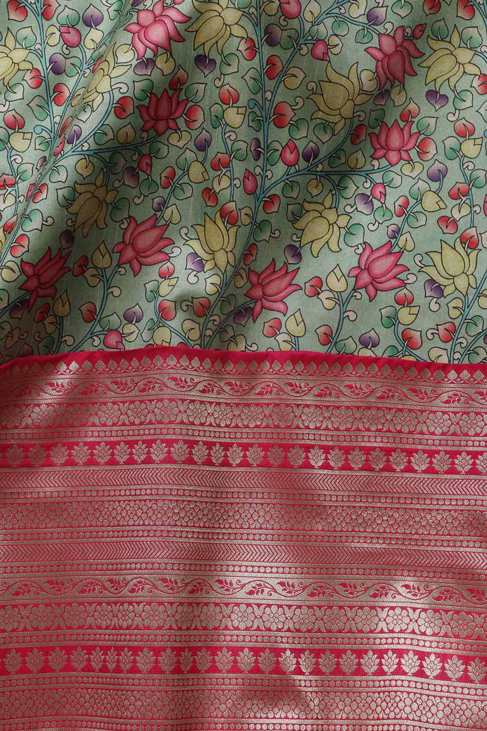 Green Kalamkari Digital Printed Tussar Silk Fabric With Banarasi Border (1 Mtr) - Luxurion World