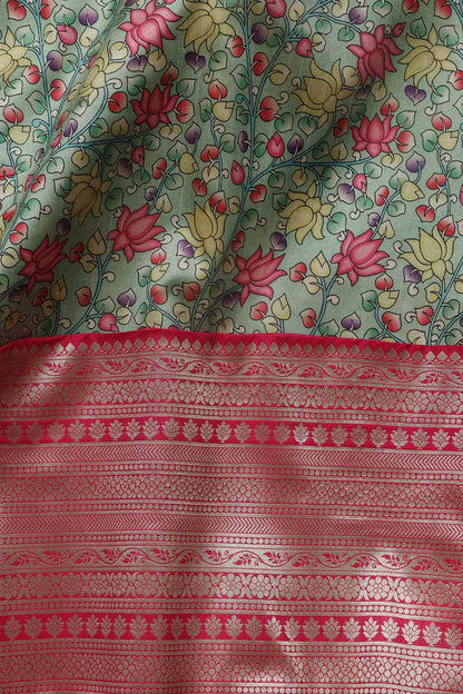 Green Kalamkari Digital Printed Tussar Silk Fabric With Banarasi Border (1 Mtr) - Luxurion World