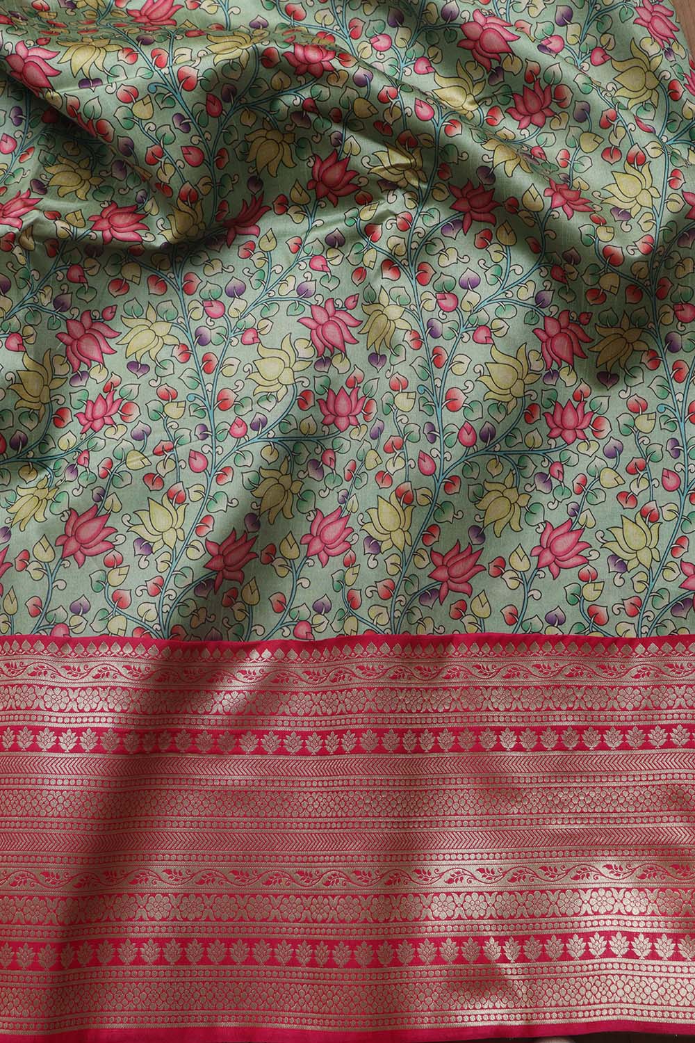Green Kalamkari Digital Printed Tussar Silk Fabric With Banarasi Border (1 Mtr) - Luxurion World
