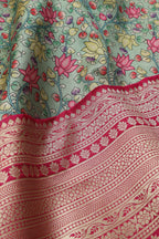 Green Kalamkari Digital Printed Tussar Silk Fabric With Banarasi Border - Luxurion World
