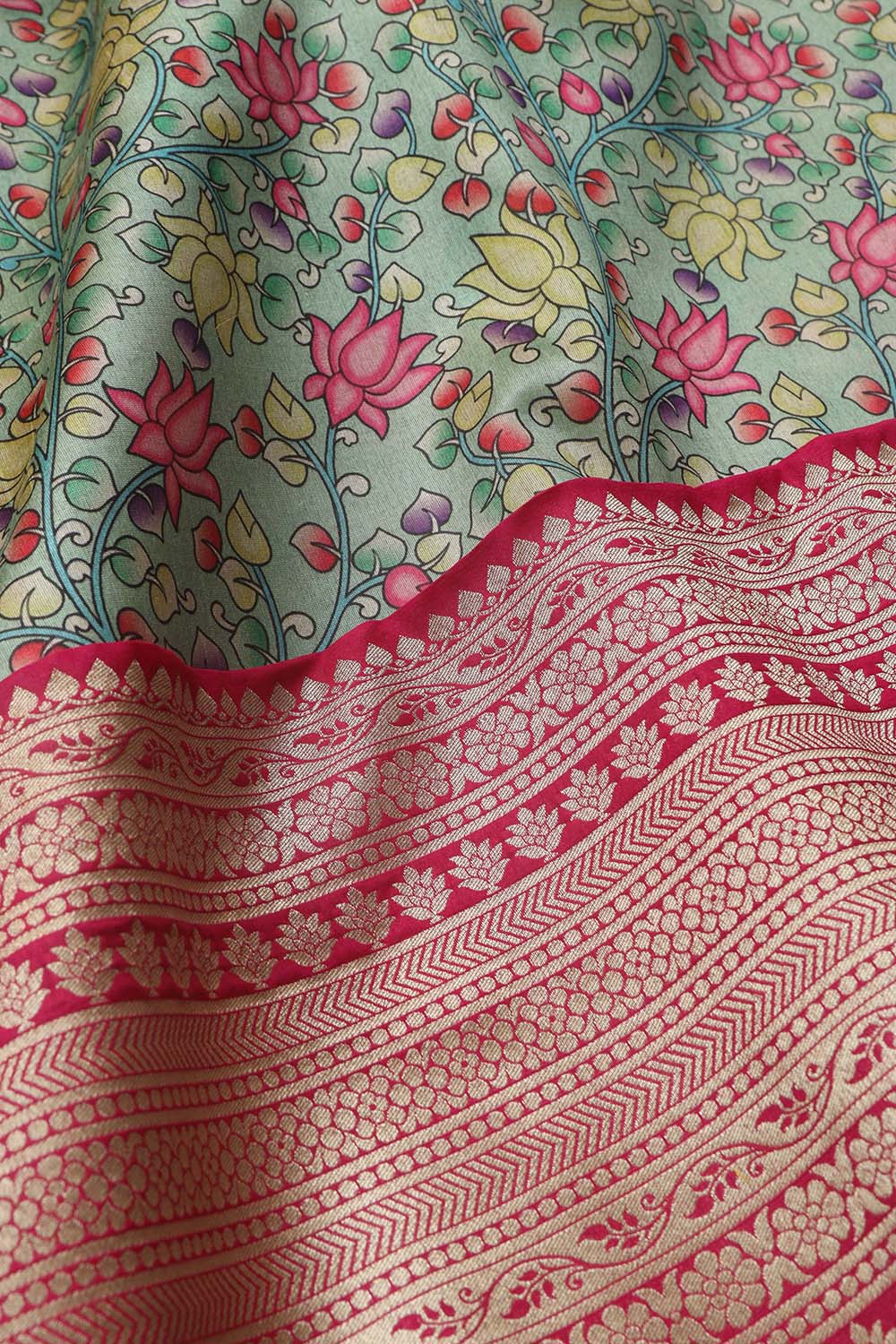 Green Kalamkari Digital Printed Tussar Silk Fabric With Banarasi Border (1 Mtr) - Luxurion World