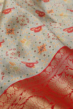 Grey Digital Printed Patola Design Tussar Silk Fabric With Banarasi Border ( 1 Mtr ) - Luxurion World