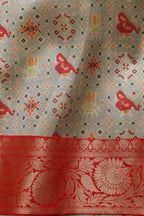 Grey Digital Printed Patola Design Tussar Silk Fabric With Banarasi Border ( 1 Mtr ) - Luxurion World