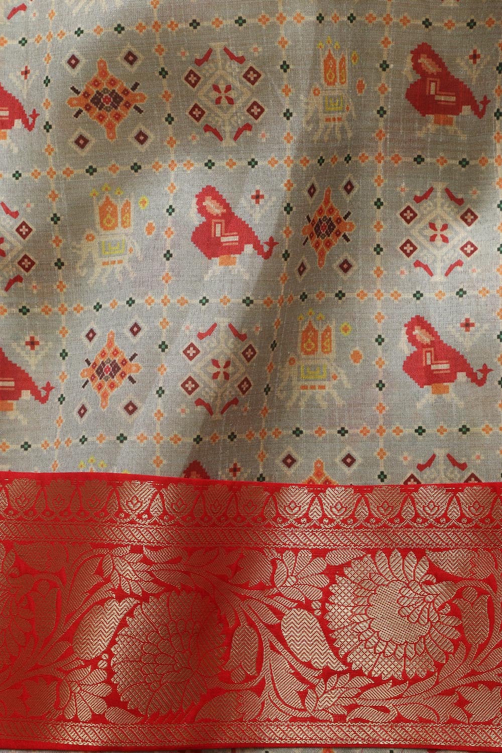 Grey Digital Printed Patola Design Tussar Silk Fabric With Banarasi Border ( 1 Mtr ) - Luxurion World