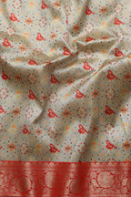 Grey Digital Printed Patola Design Tussar Silk Fabric With Banarasi Border ( 1 Mtr ) - Luxurion World
