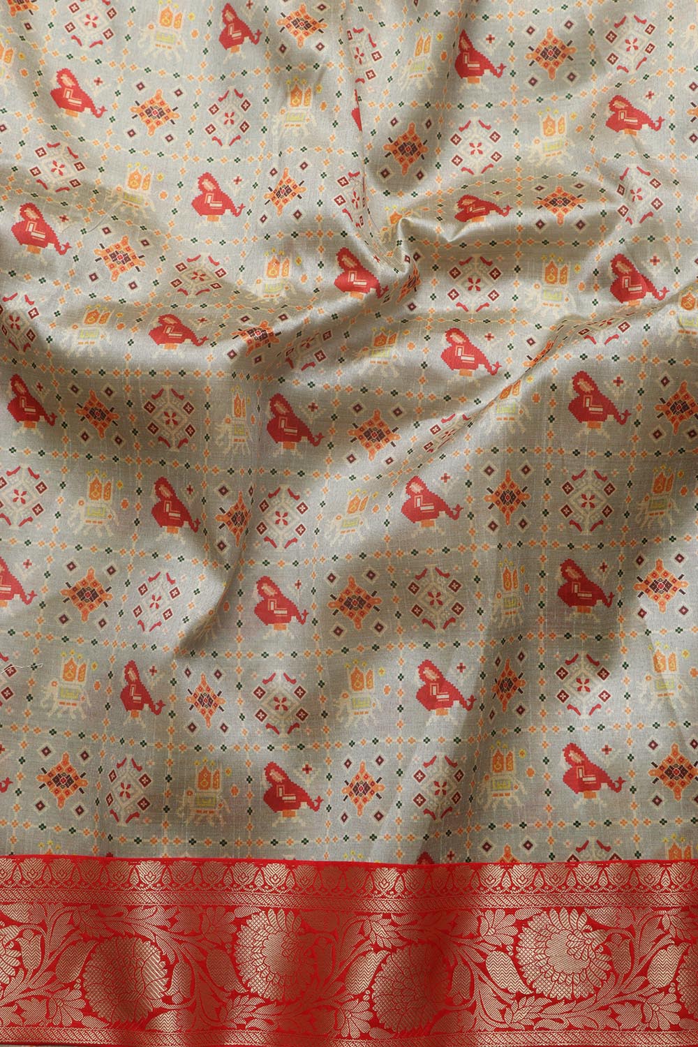 Grey Digital Printed Patola Design Tussar Silk Fabric With Banarasi Border ( 1 Mtr ) - Luxurion World