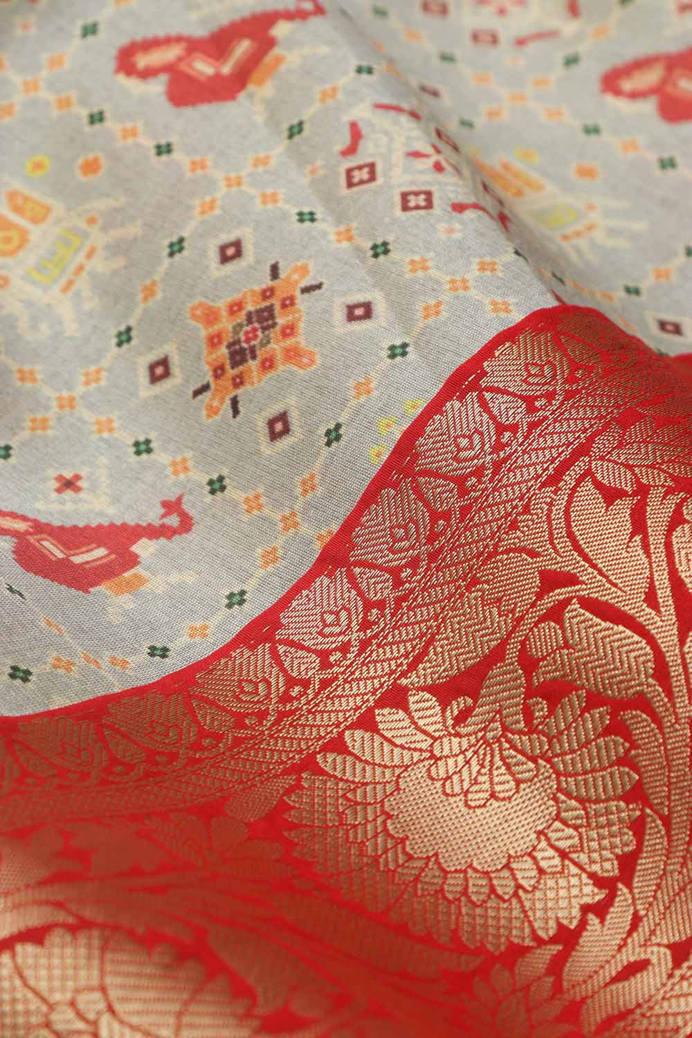 Grey Digital Printed Patola Design Tussar Silk Fabric With Banarasi Border ( 1 Mtr ) - Luxurion World