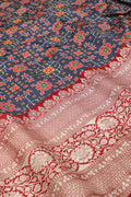 Blue Digital Printed Patola Design Tussar Silk Fabric With Banarasi Border ( 1 Mtr ) - Luxurion World