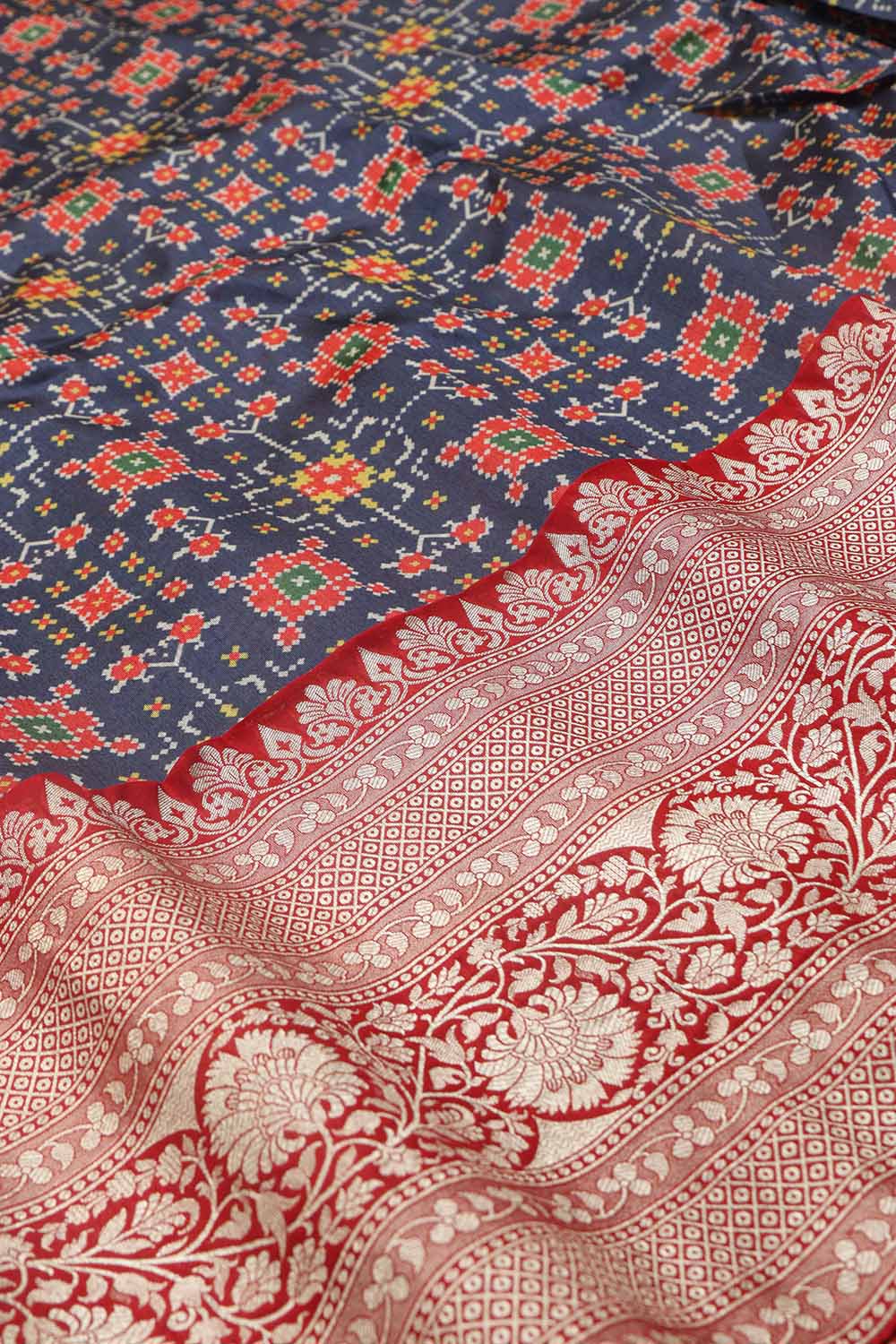 Blue Digital Printed Patola Design Tussar Silk Fabric With Banarasi Border ( 1 Mtr ) - Luxurion World